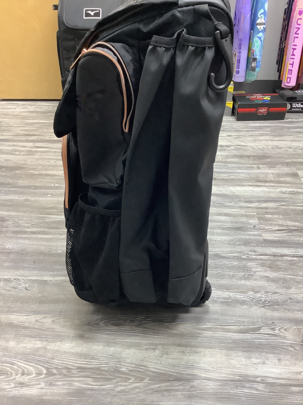 Used Rawlings Gold Collection Wheeled Bat Bag - Black/Rose Gold
