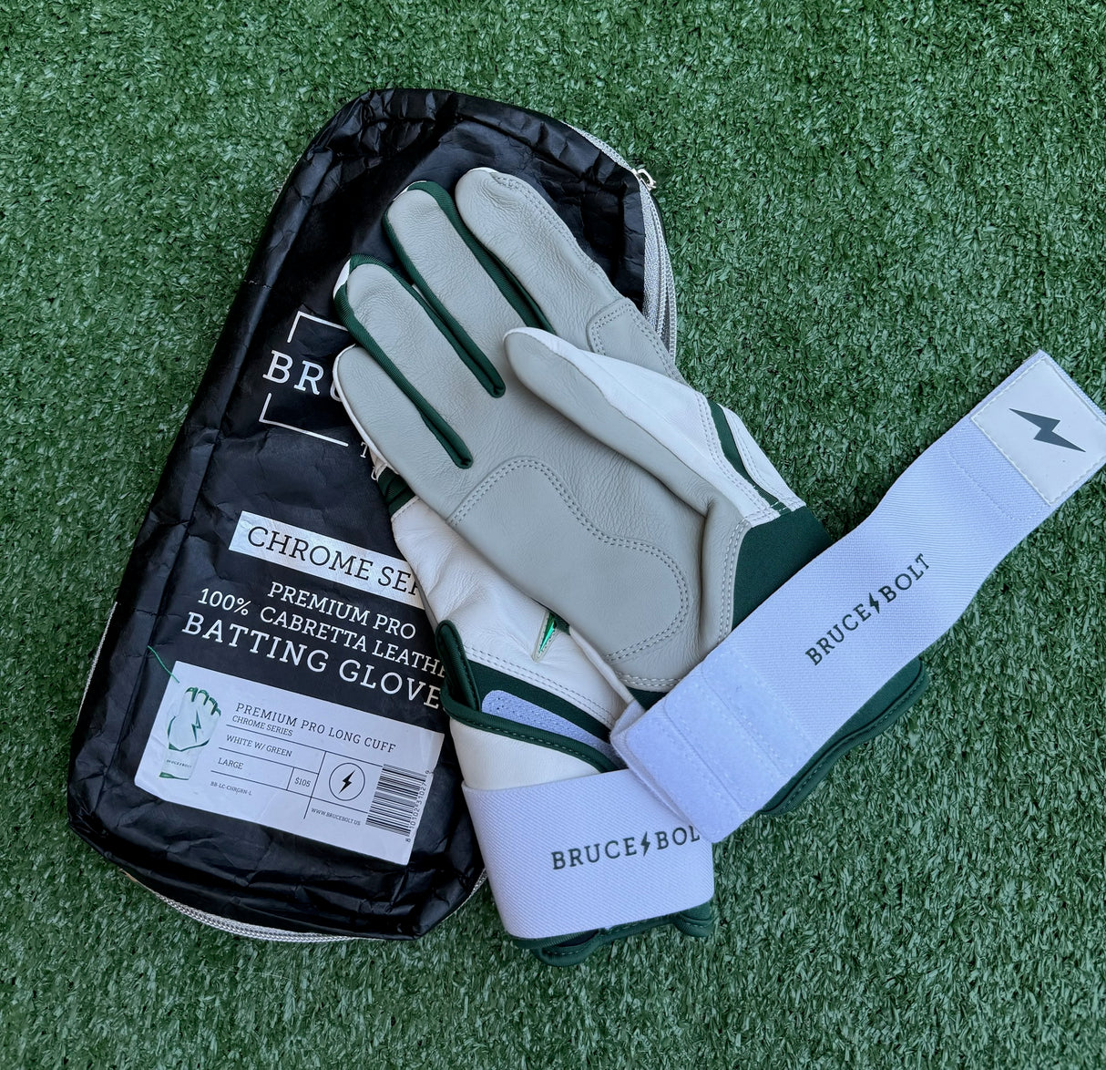 Bruce Bolt Chrome Series White/Green Long Cuff Batting Gloves