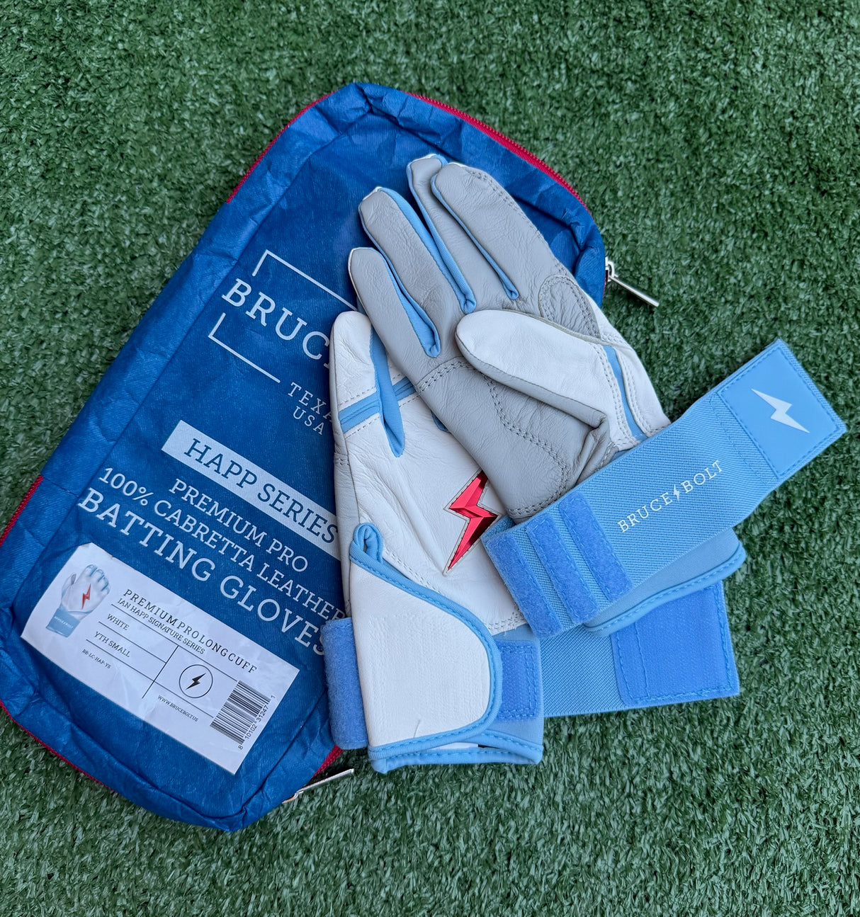 Bruce Bolt Happ Series White/Baby Blue Long Cuff Batting Gloves