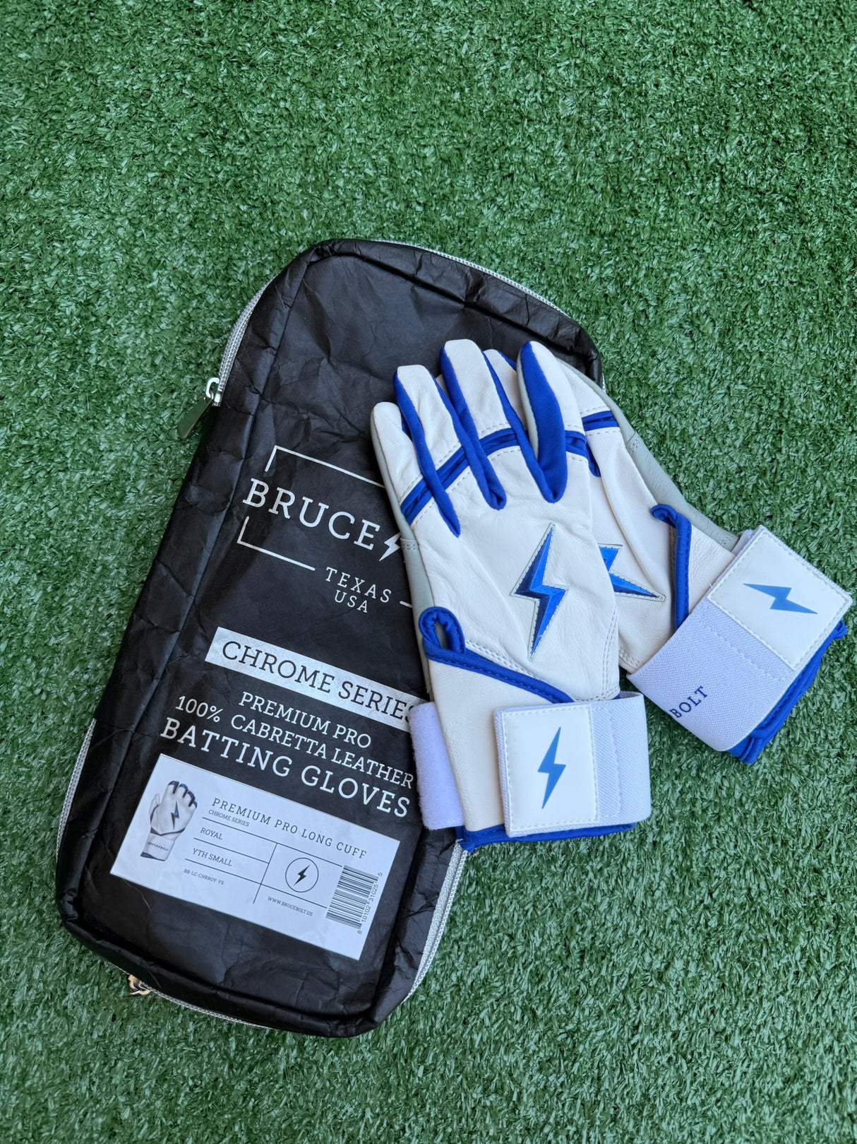 Bruce Bolt Chrome Series White/Royal Long Cuff Batting Gloves