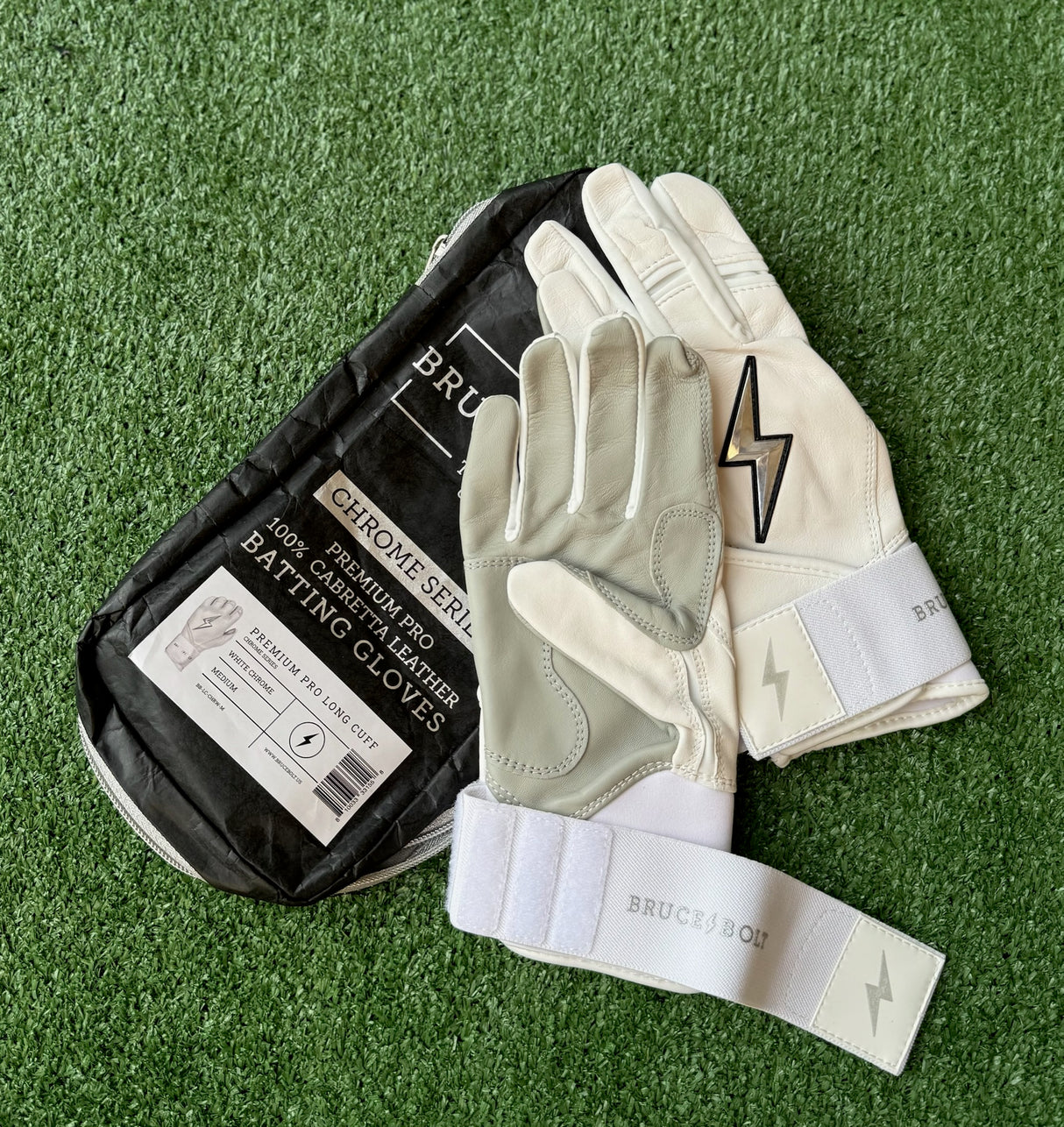 Bruce Bolt Chrome Series White Chrome Long Cuff Batting Gloves