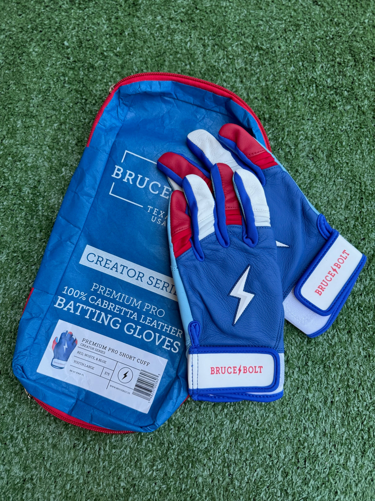 Bruce Bolt Creator Series Red/White/Blue Short Cuff Batting Gloves