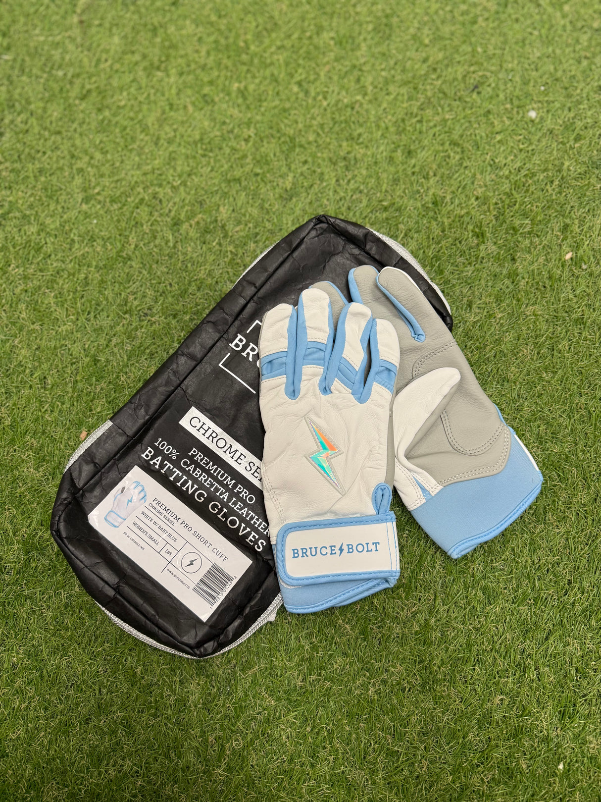 Bruce Bolt Chrome Series White/Baby Blue Short Cuff Batting Gloves