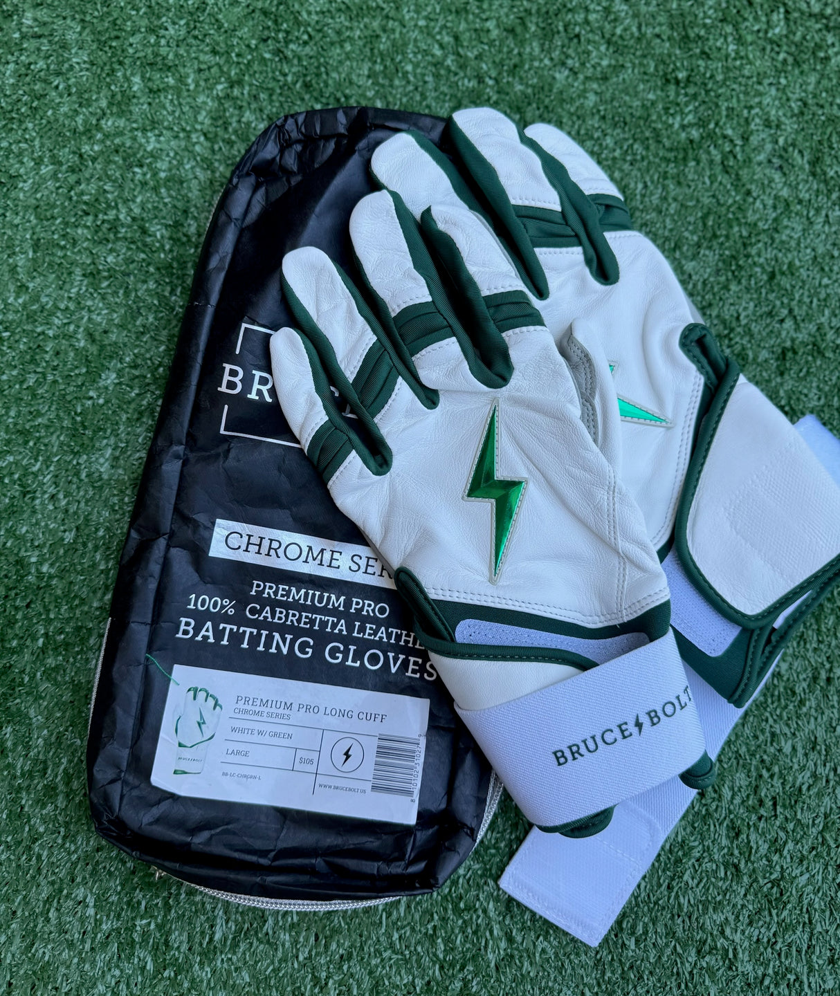 Bruce Bolt Chrome Series White/Green Long Cuff Batting Gloves
