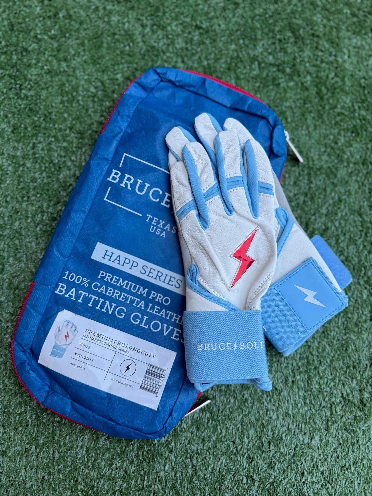 Bruce Bolt Happ Series White/Baby Blue Long Cuff Batting Gloves