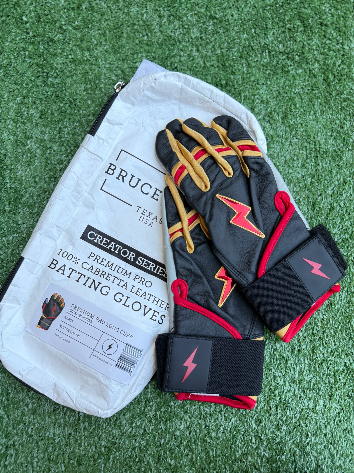 Bruce Bolt Creator Series Black/Gold Long Cuff Batting Gloves