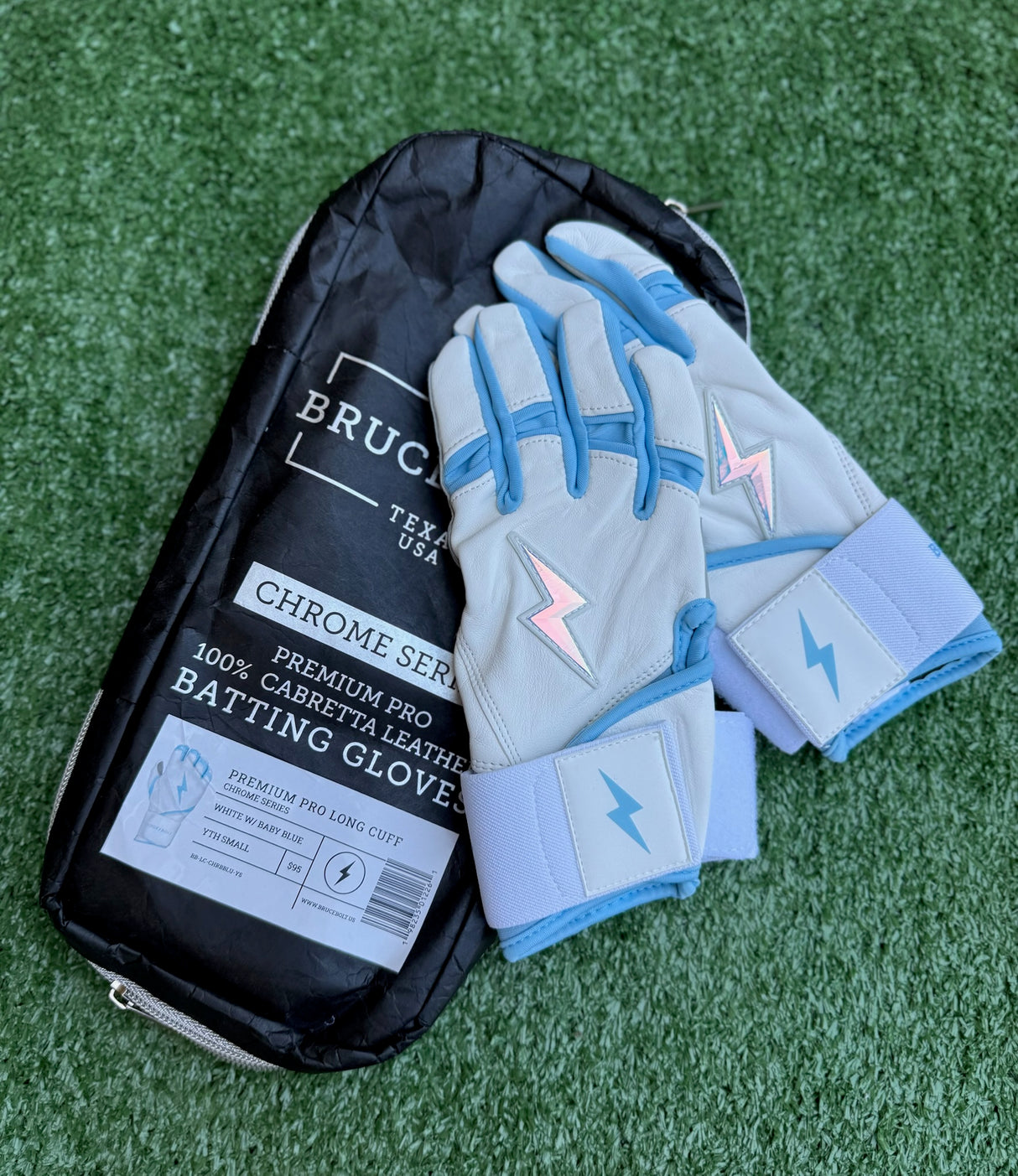 Bruce Bolt Chrome Series White/Baby Blue Long Cuff Batting Gloves