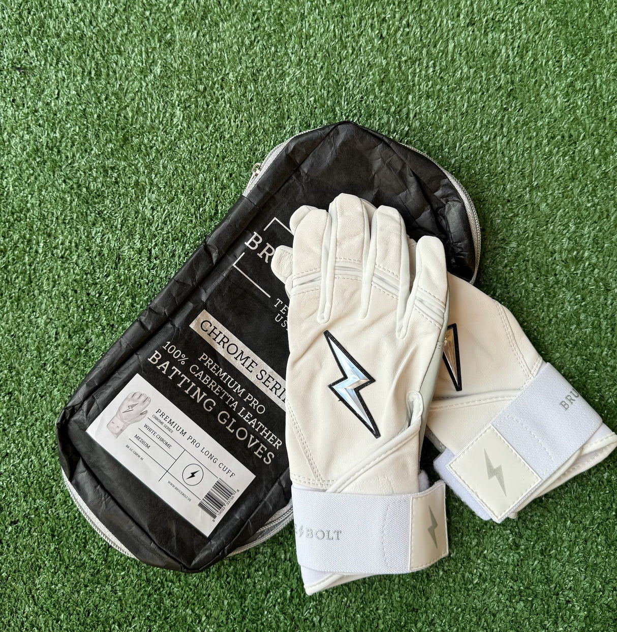 Bruce Bolt Chrome Series White Chrome Long Cuff Batting Gloves