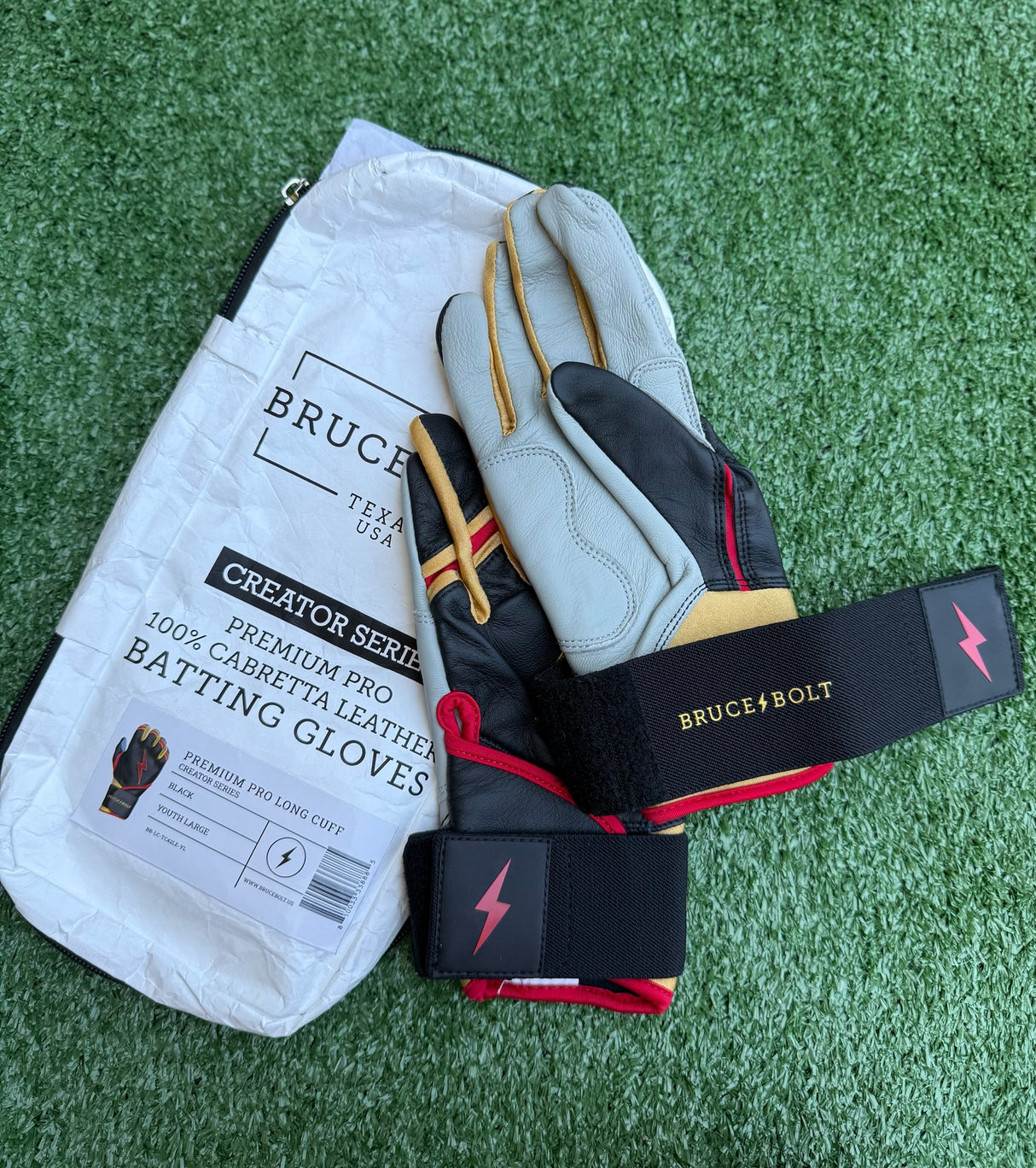 Bruce Bolt Creator Series Black/Gold Long Cuff Batting Gloves