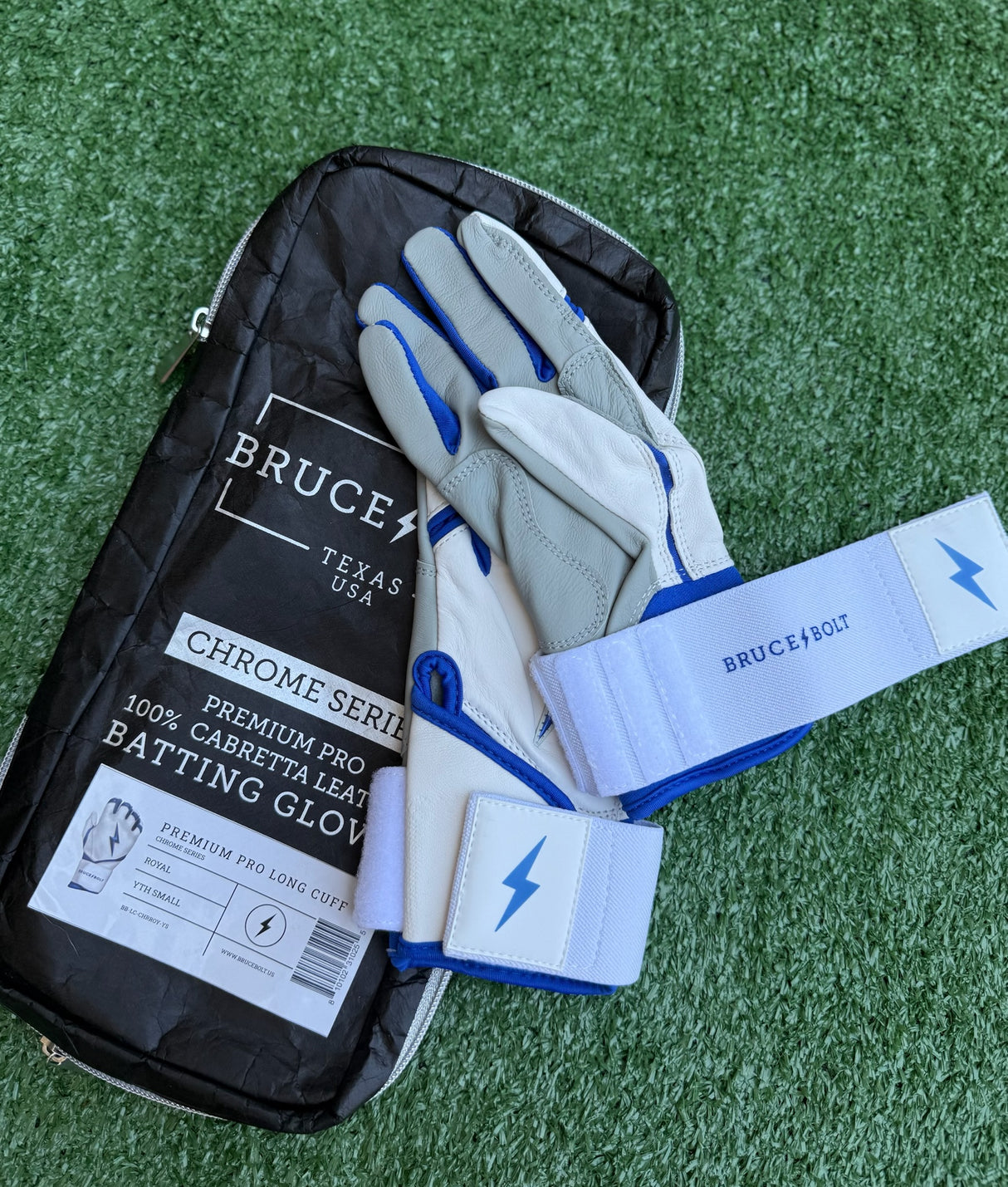 Bruce Bolt Chrome Series White/Royal Long Cuff Batting Gloves