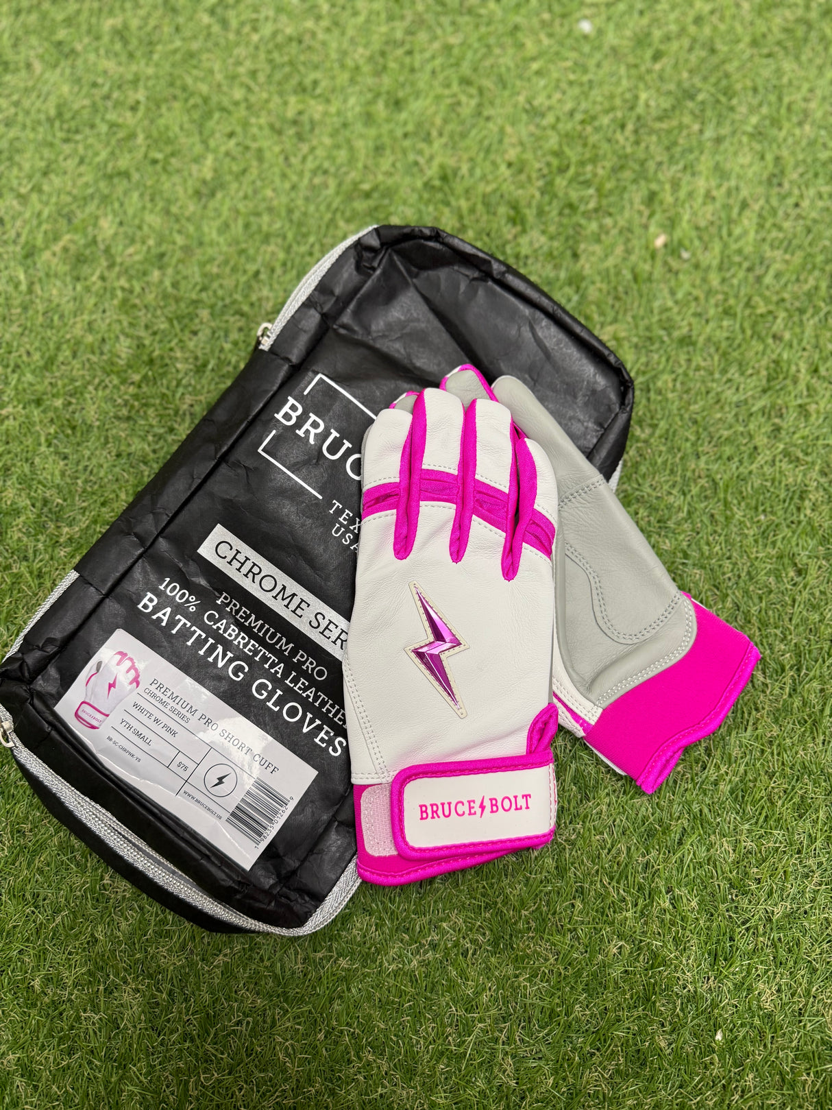 Bruce Bolt Chrome Series White W/Hot Pink Short Cuff Batting Gloves