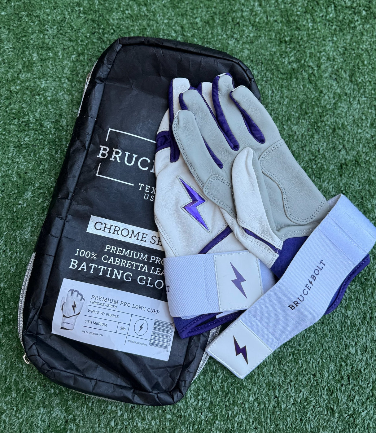 Bruce Bolt Chrome Series White/Purple Long Cuff Batting Gloves