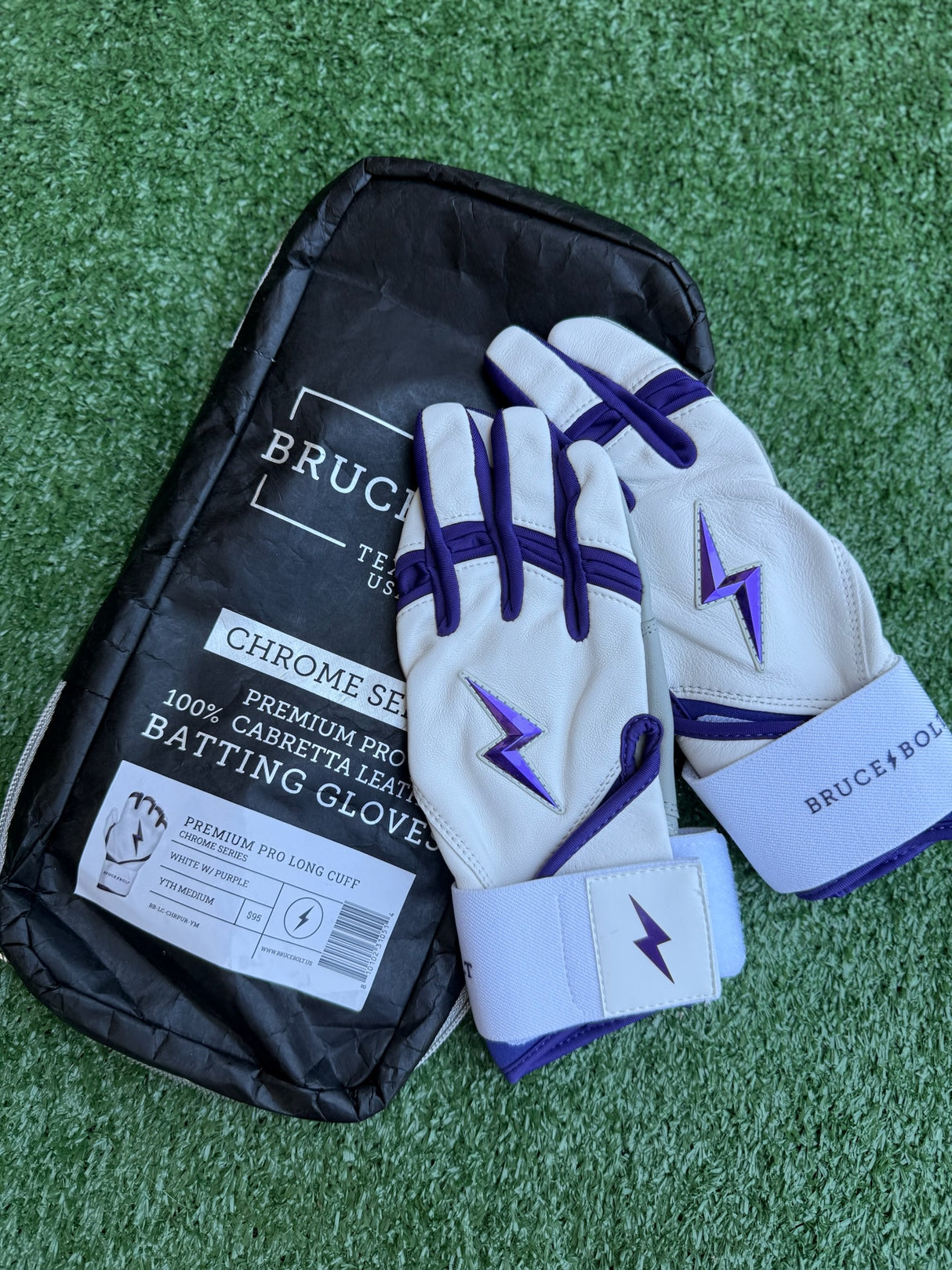 Bruce Bolt Chrome Series White/Purple Long Cuff Batting Gloves