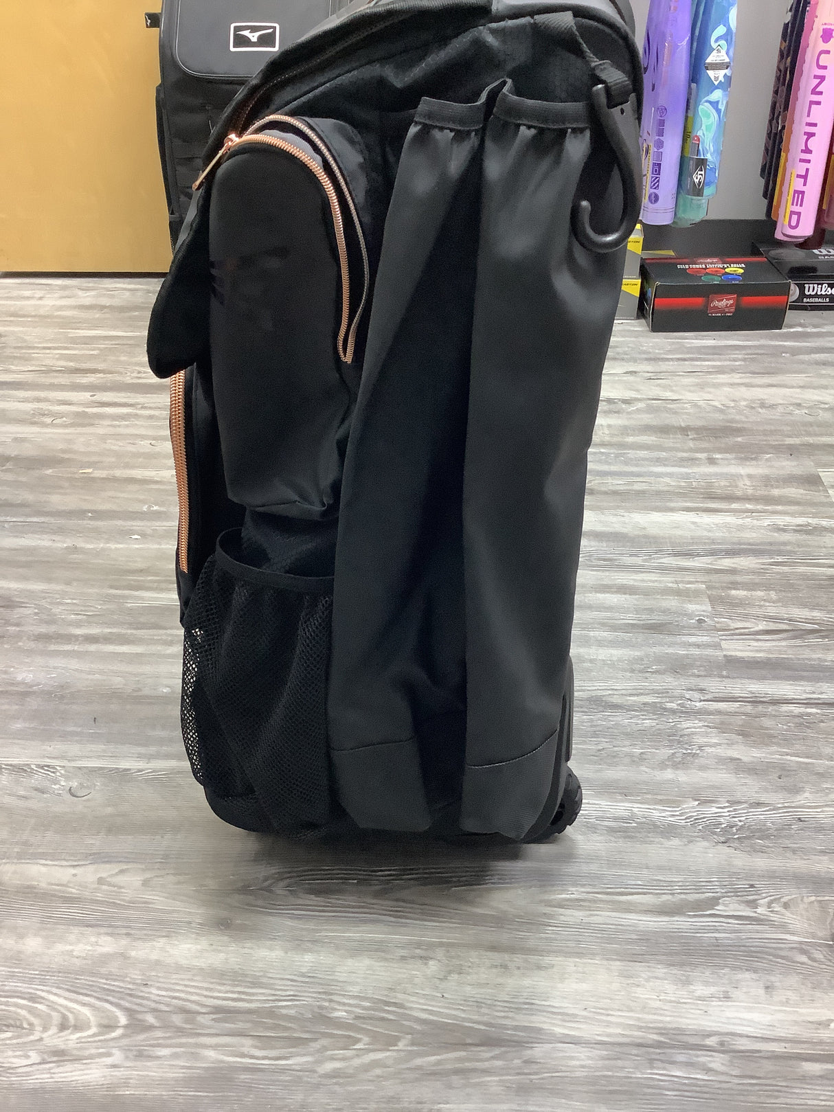Used Rawlings Gold Collection Wheeled Bat Bag - Black/Rose Gold
