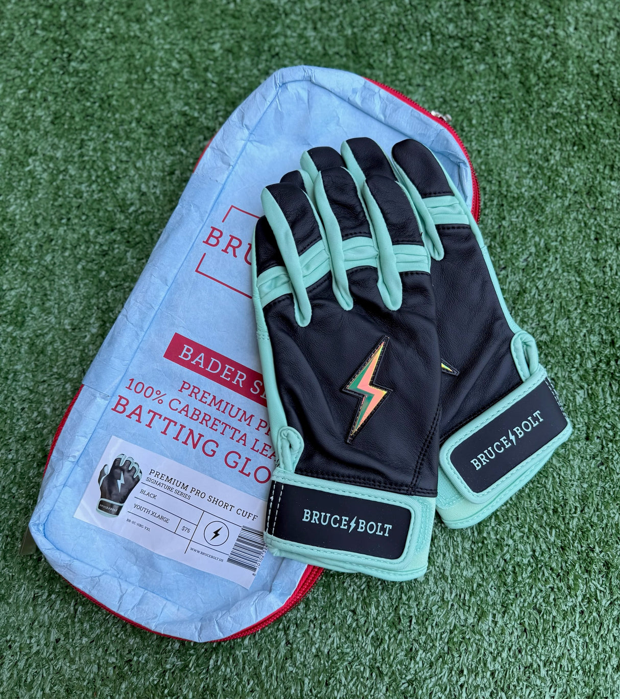 New Bruce Bolt Bader Series Black/Teal Short Cuff Batting Gloves