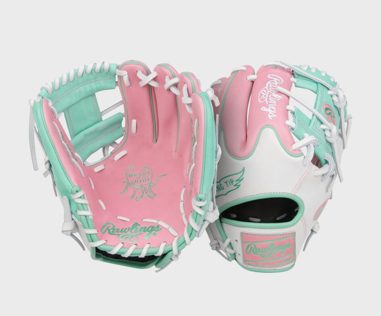 New Rawlings Heart of the Hide 11.5-Inch Wing Tip Glove - Pink/White/Mint